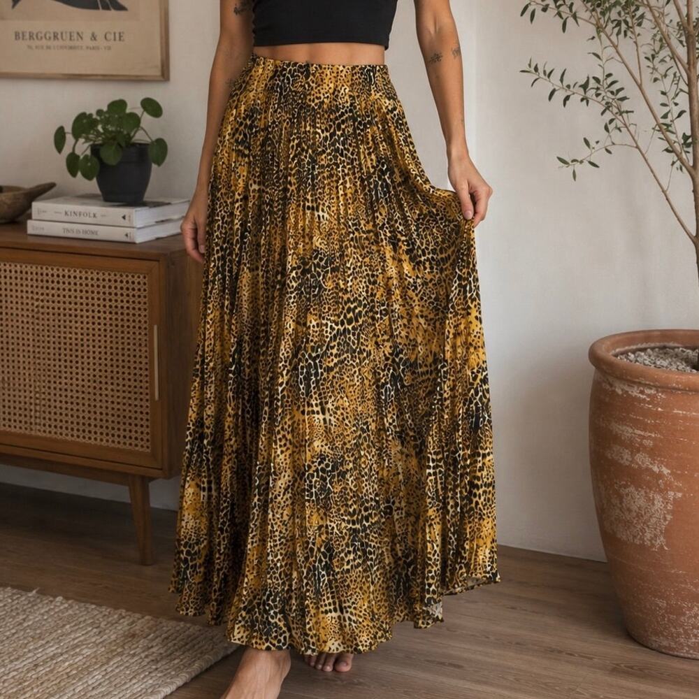 Vtg Y2K Positive Attitude 10 Leopard Broomstick Maxi Skirt Semi Sheer Boho USA